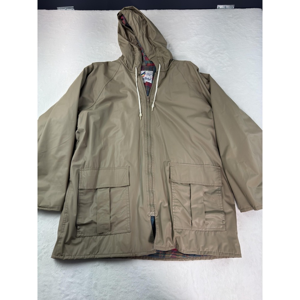 Misty Harbor Coat Mens Large Hooded PVC Any Weather Rain Slicker Plaid Lined